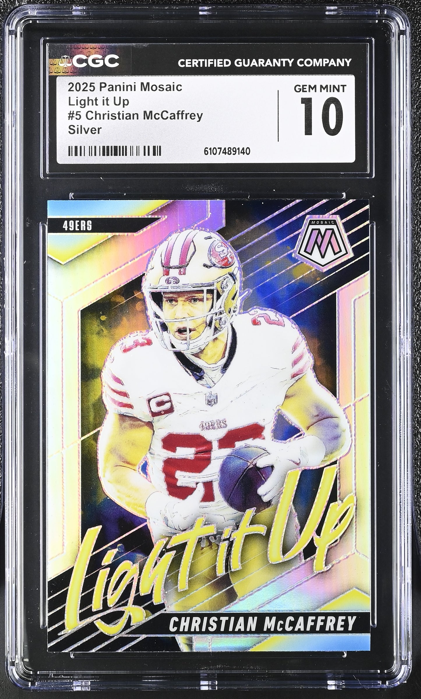 Christian McCaffrey — 2025 Panini Mosaic - Light It Up Silver — Insert #5 - CGC 10 Gem Mint