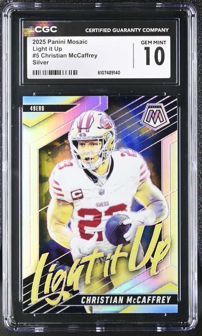 Christian McCaffrey — 2025 Panini Mosaic - Light It Up Silver — Insert #5 - CGC 10 Gem Mint