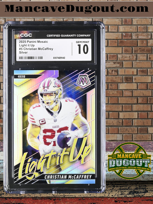 Christian McCaffrey — 2025 Panini Mosaic - Light It Up Silver — Insert #5 - CGC 10 Gem Mint