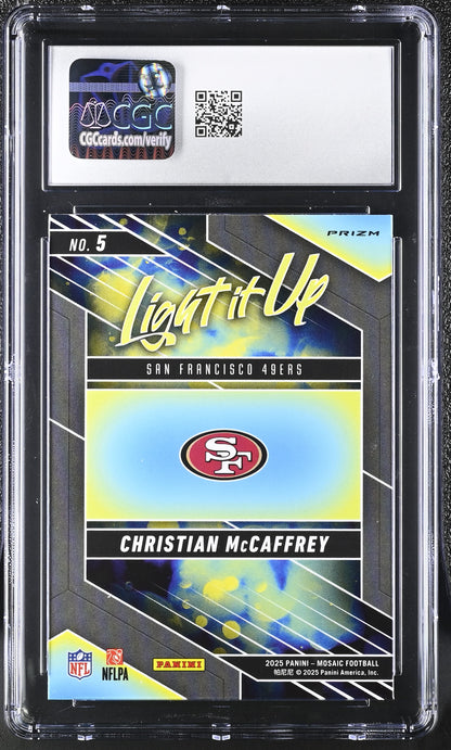 Christian McCaffrey — 2025 Panini Mosaic - Light It Up Silver — Insert #5 - CGC 10 Gem Mint
