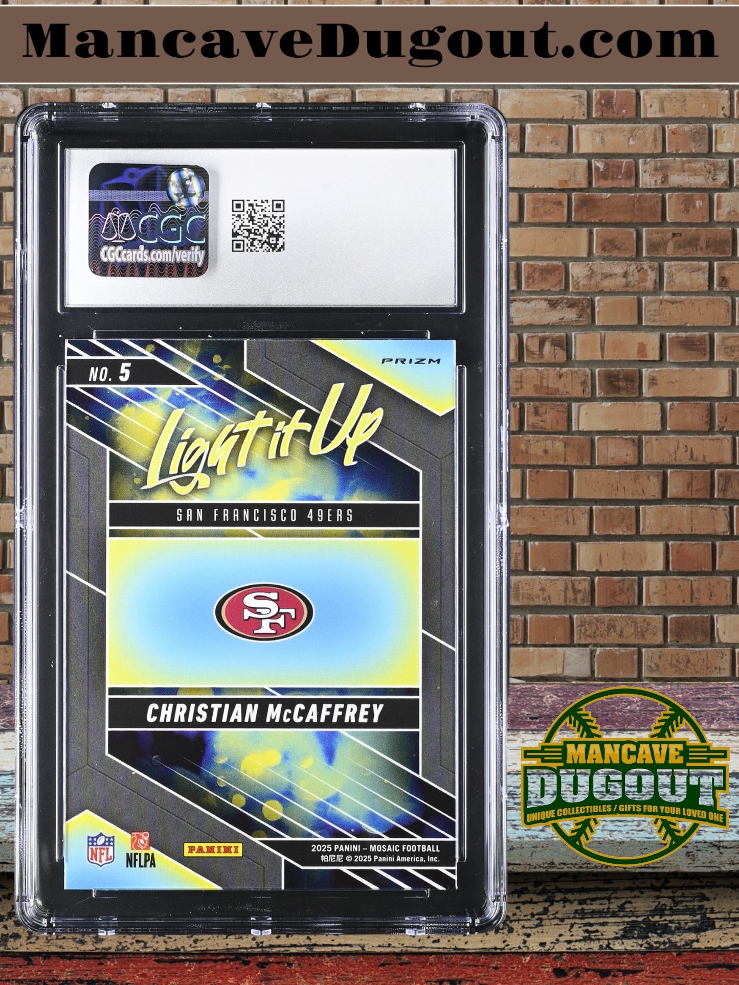 Christian McCaffrey — 2025 Panini Mosaic - Light It Up Silver — Insert #5 - CGC 10 Gem Mint