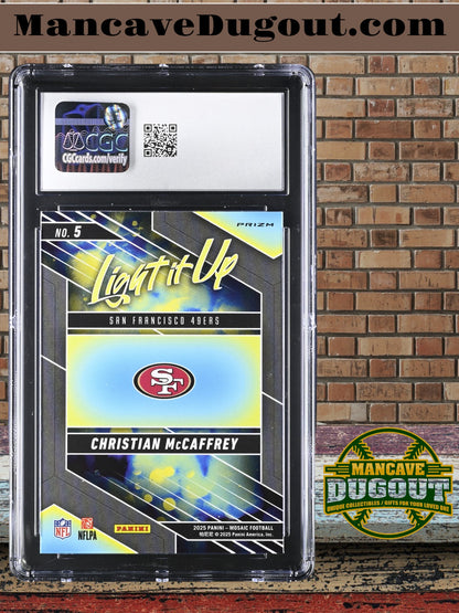 Christian McCaffrey — 2025 Panini Mosaic - Light It Up Silver — Insert #5 - CGC 10 Gem Mint