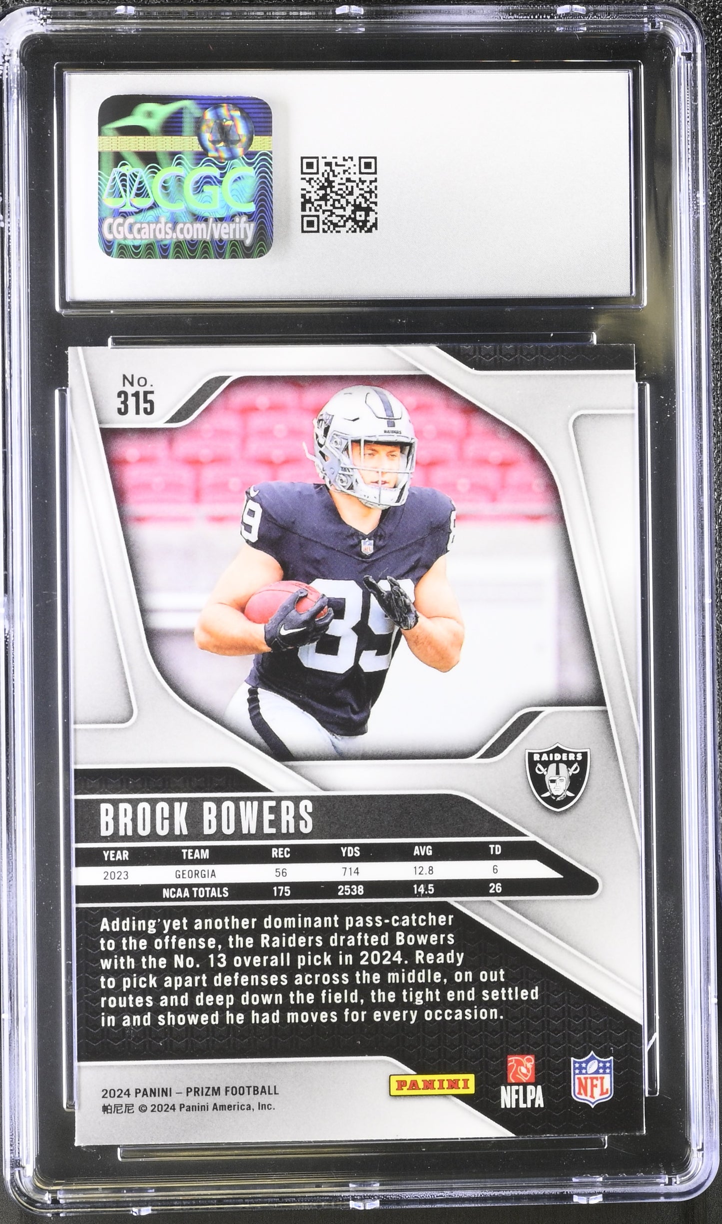 Brock Bowers — 2024 Panini Prizm - Rookie Card #315 - CGC 10 Gem Mint