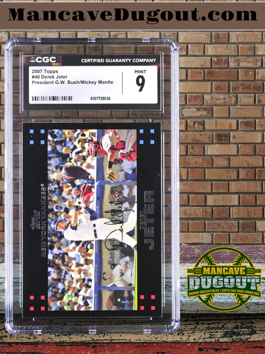 Derek Jeter — 2007 Topps Red Back #40 - With President George W. Bush & Mickey Mantle - CGC 9 (Mint)