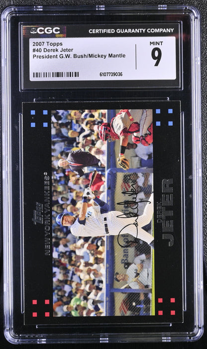Derek Jeter — 2007 Topps Red Back #40 - With President George W. Bush & Mickey Mantle - CGC 9 (Mint)