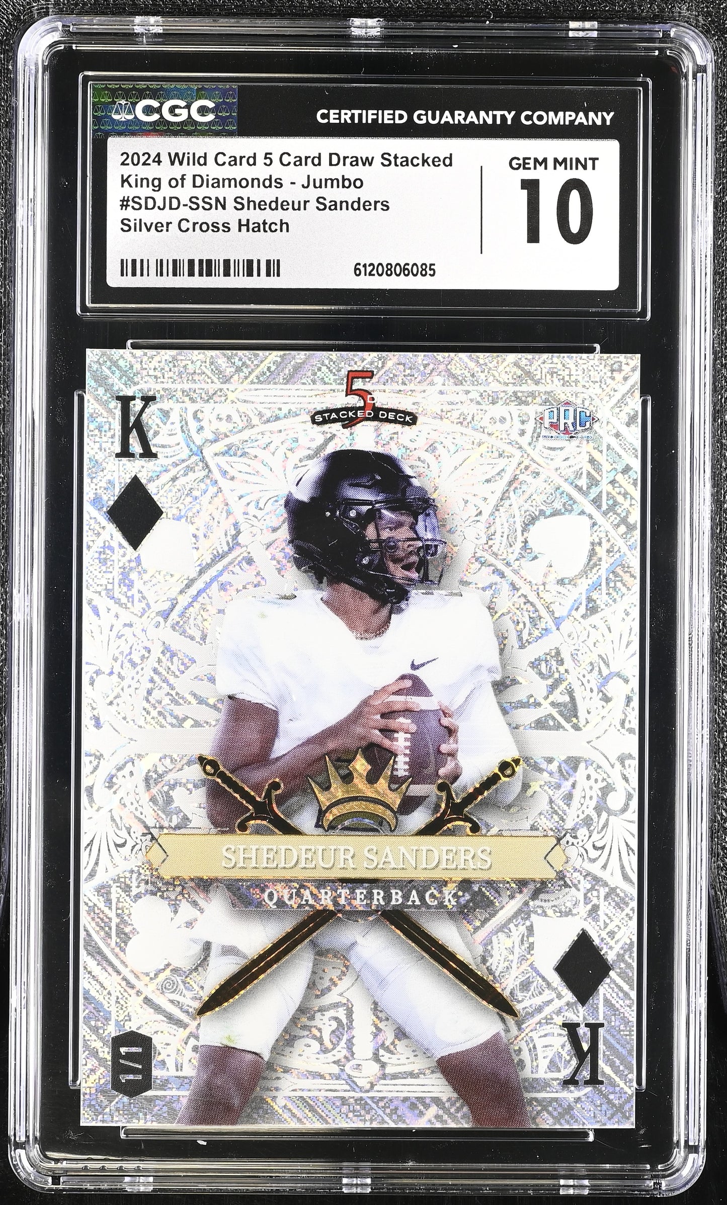 Shedeur Sanders — 2024 Wild Card 5 Card Draw - Stacked King of Diamonds — Silver Cross Hatch Parallel - Rookie Card #SDJD SSN — 1/1 - CGC 10 Gem Mint