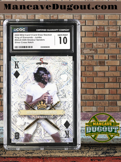 Shedeur Sanders — 2024 Wild Card 5 Card Draw - Stacked King of Diamonds — Silver Cross Hatch Parallel - Rookie Card #SDJD SSN — 1/1 - CGC 10 Gem Mint