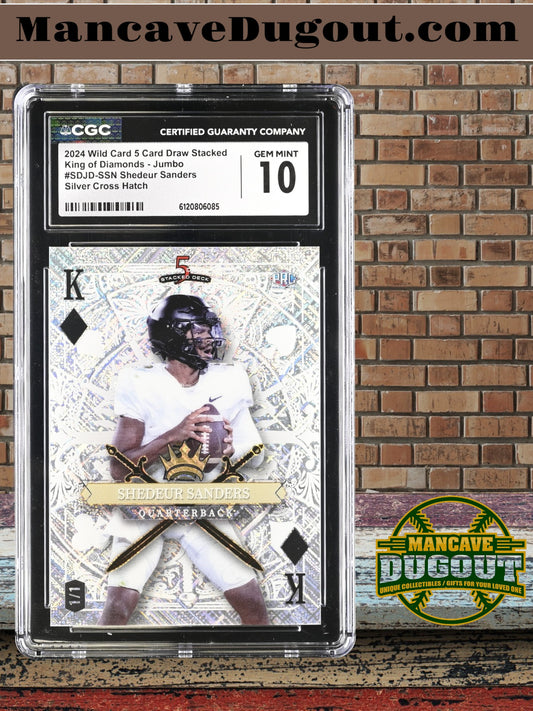 Shedeur Sanders — 2024 Wild Card 5 Card Draw - Stacked King of Diamonds — Silver Cross Hatch Parallel - Rookie Card #SDJD SSN — 1/1 - CGC 10 Gem Mint