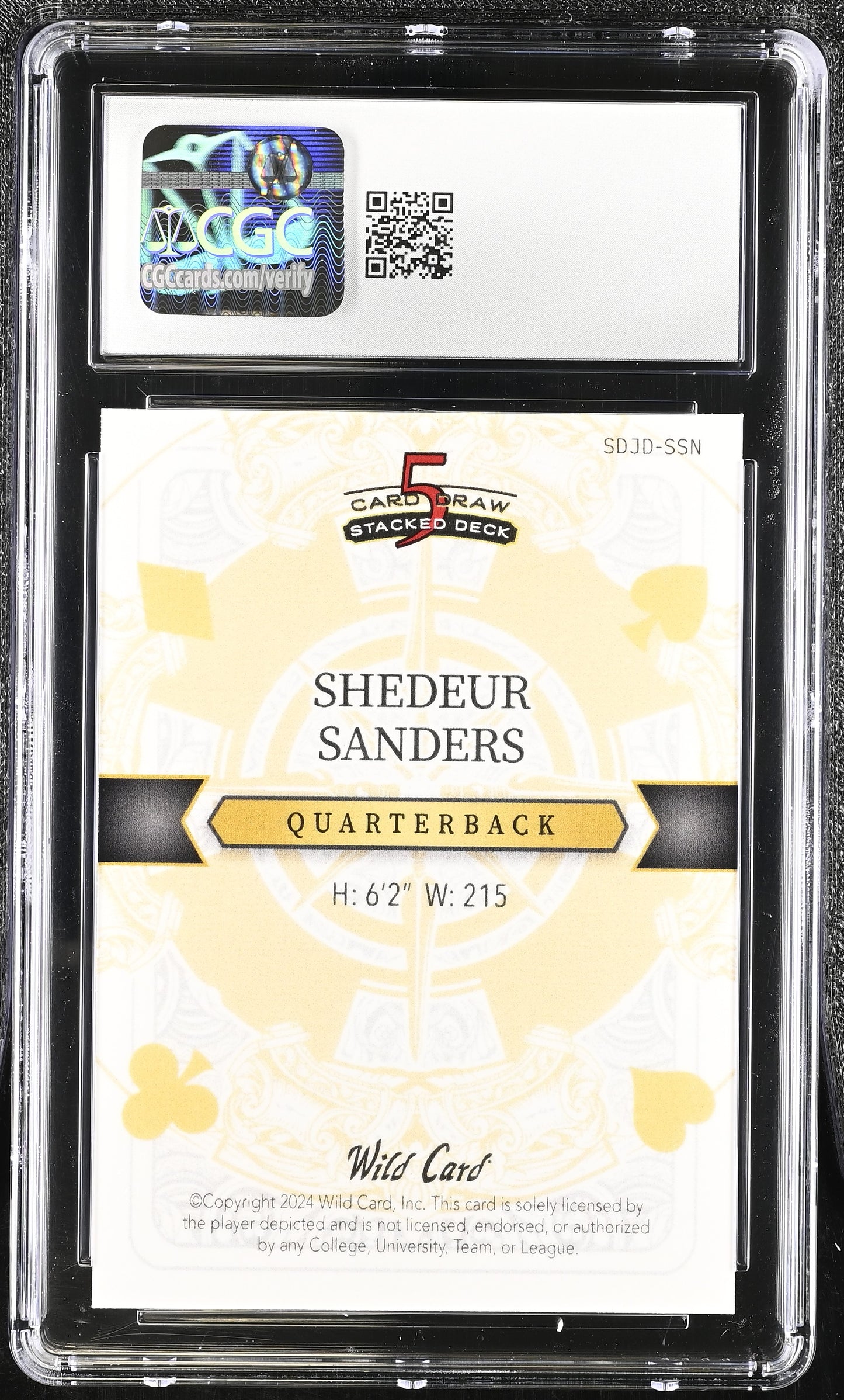 Shedeur Sanders — 2024 Wild Card 5 Card Draw - Stacked King of Diamonds — Silver Cross Hatch Parallel - Rookie Card #SDJD SSN — 1/1 - CGC 10 Gem Mint