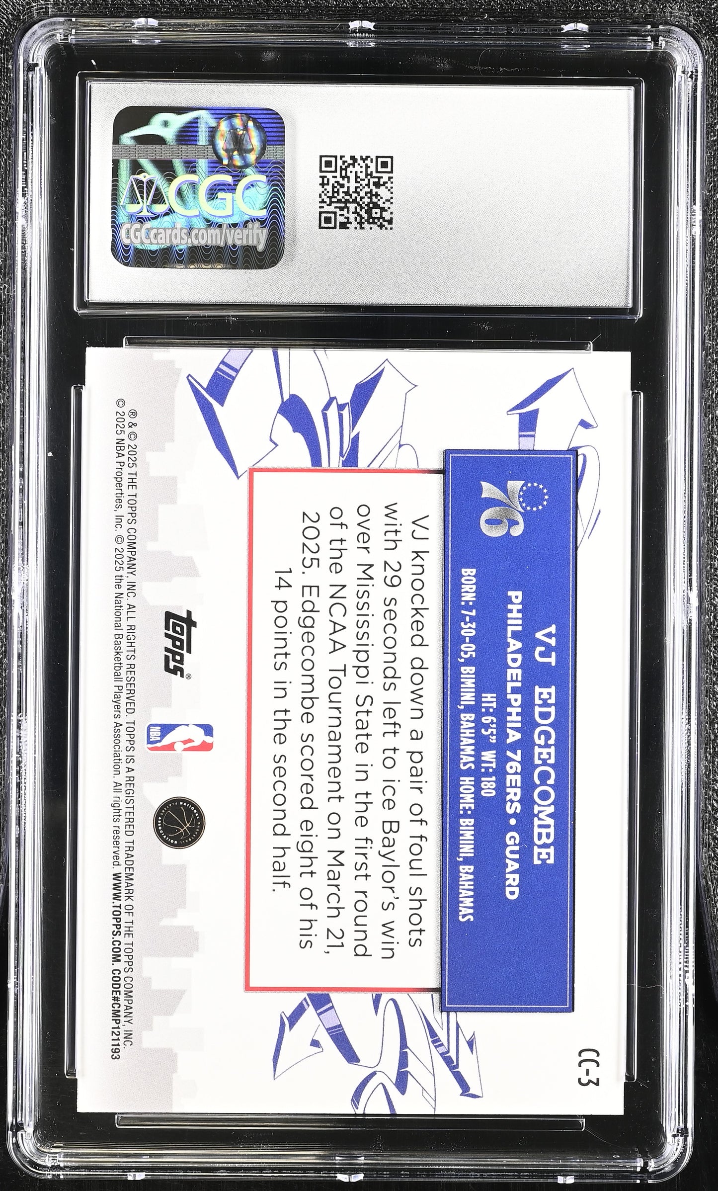 VJ Edgecombe — 2025 26 Topps - Clutch City Prospects — Rookie Card #CC 3 - CGC 10 Gem Mint
