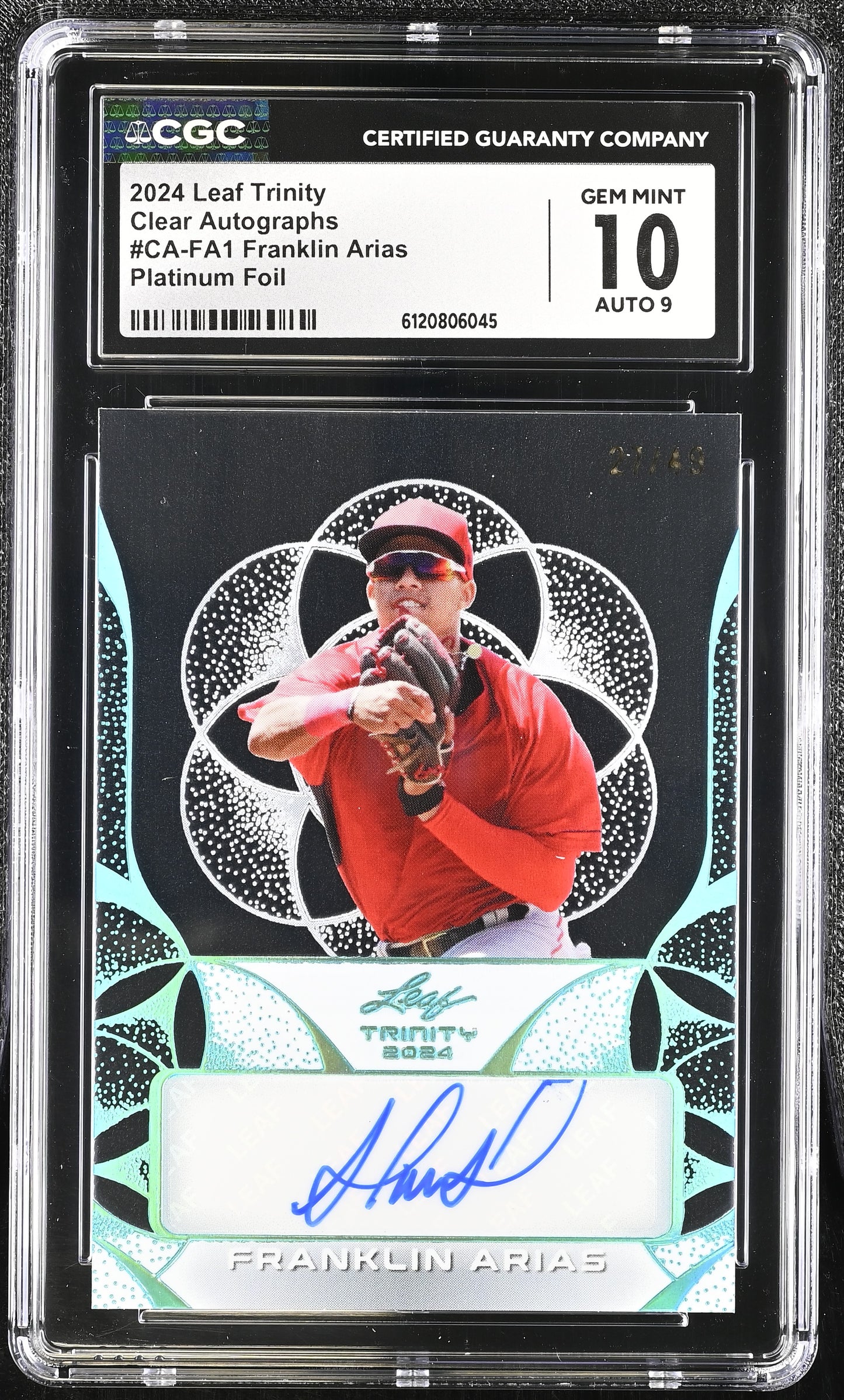 Franklin Arias — 2024 Leaf Trinity-Clear Autographs — Platinum Foil #CA‑FA1-Serial‑Numbered 27/49