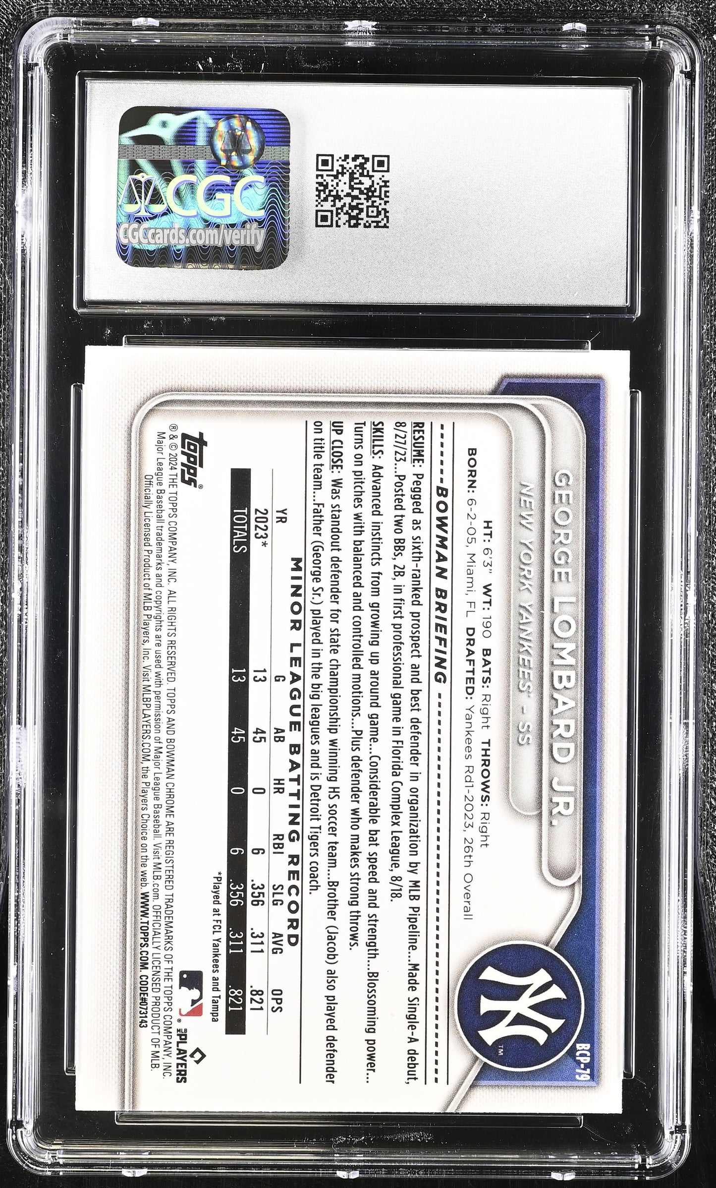 George Lombard Jr. — 2024 Bowman Chrome Prospects - Rookie/Prospect Card #BCP 79 - CGC 10 Gem Mint