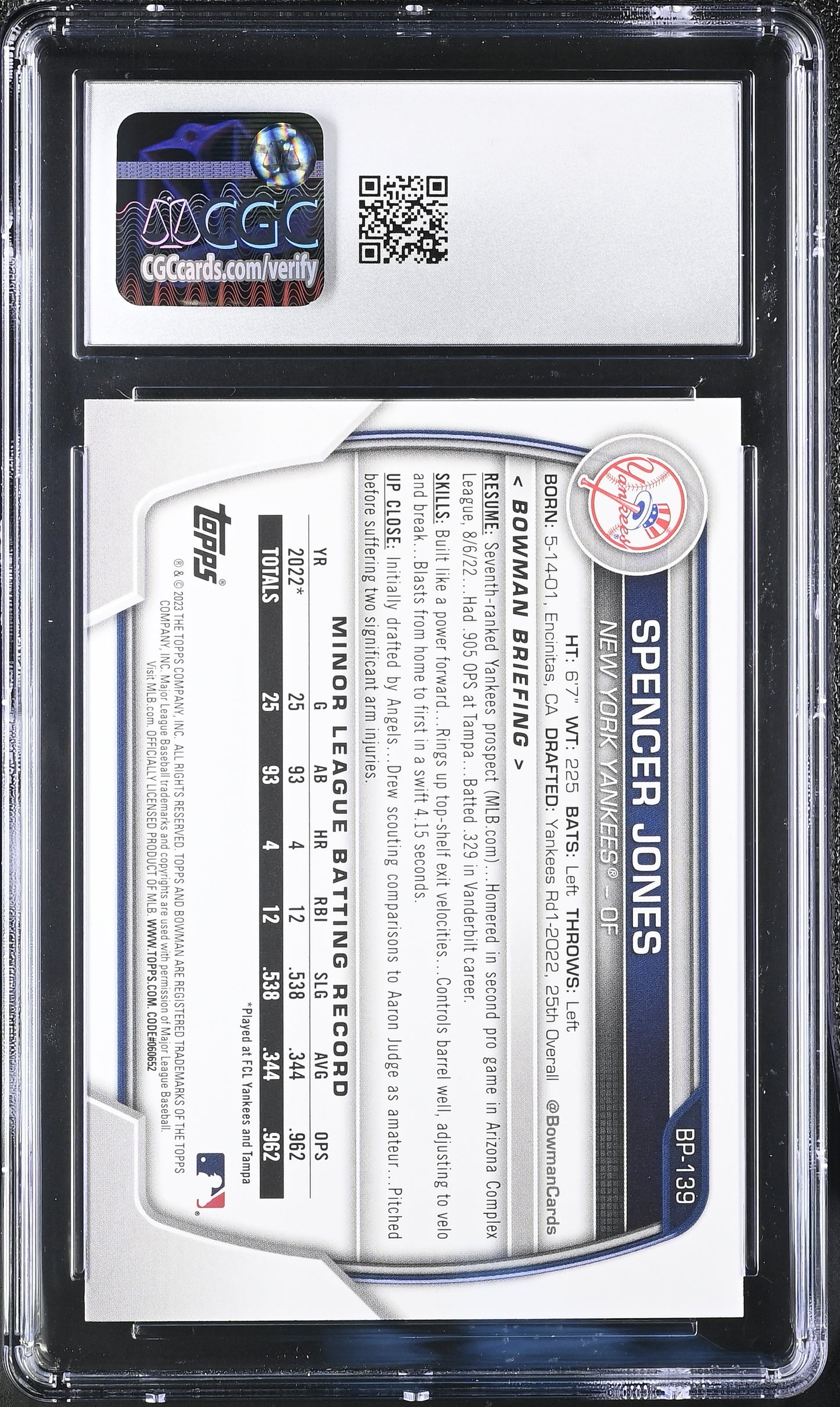 Spencer Jones — 2023 Bowman Prospects - Rookie/Prospect Card #BP139 - CGC 10 Gem Mint
