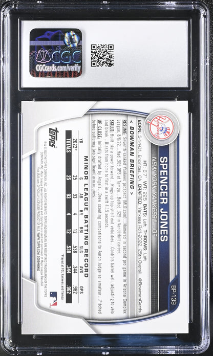 Spencer Jones — 2023 Bowman Prospects - Rookie/Prospect Card #BP139 - CGC 10 Gem Mint