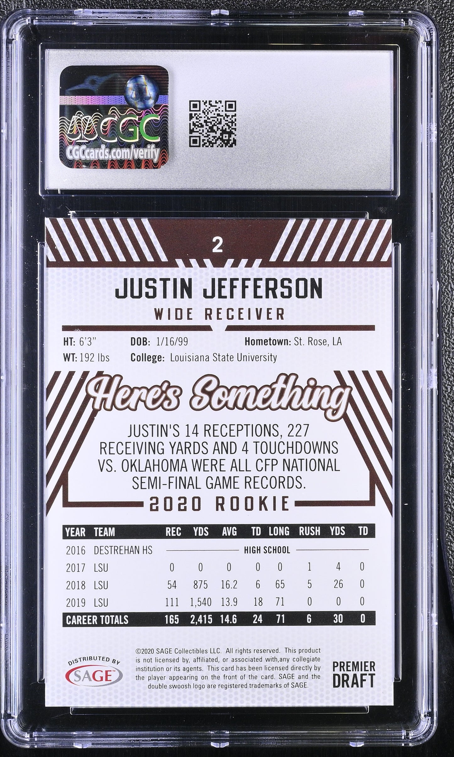 Justin Jefferson — 2020 SAGE HIT Premier Draft Red #2 - Rookie Card (RC) - CGC 9 Mint
