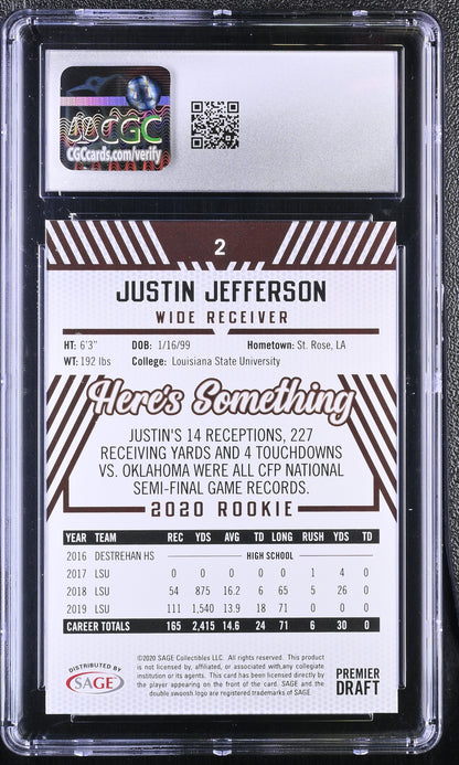 Justin Jefferson — 2020 SAGE HIT Premier Draft Red #2 - Rookie Card (RC) - CGC 9 Mint