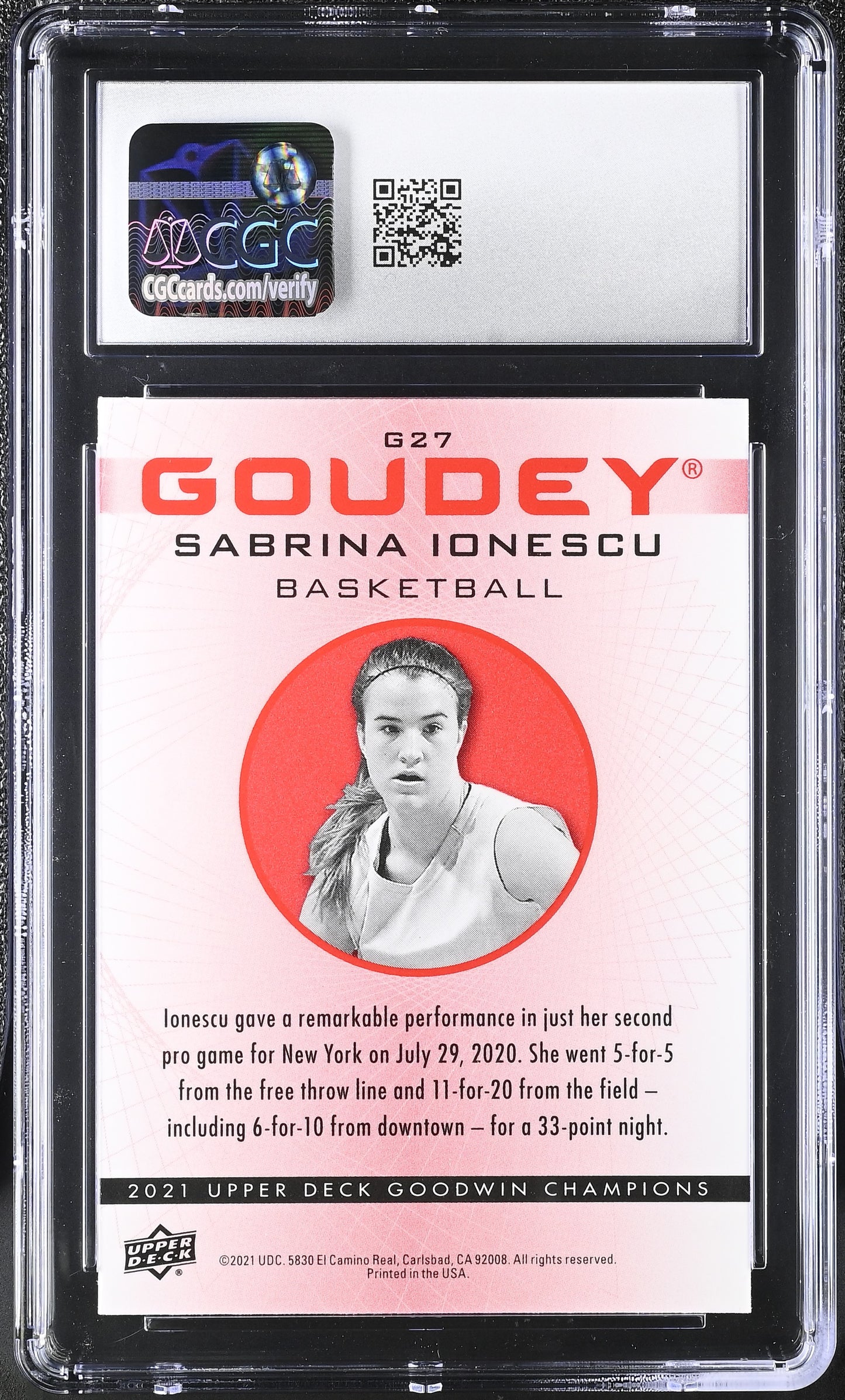 Sabrina Ionescu — 2021 Upper Deck Goodwin Champions - Goudey Platinum Red #G27 - CGC 10 Gem Mint