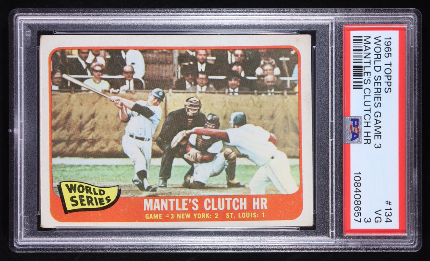 1965 Topps — Mickey Mantle #134 - World Series Game 3 - PSA 3 (Good)