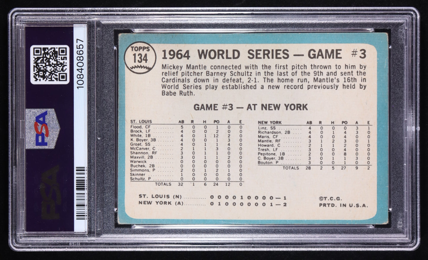 1965 Topps — Mickey Mantle #134 - World Series Game 3 - PSA 3 (Good)