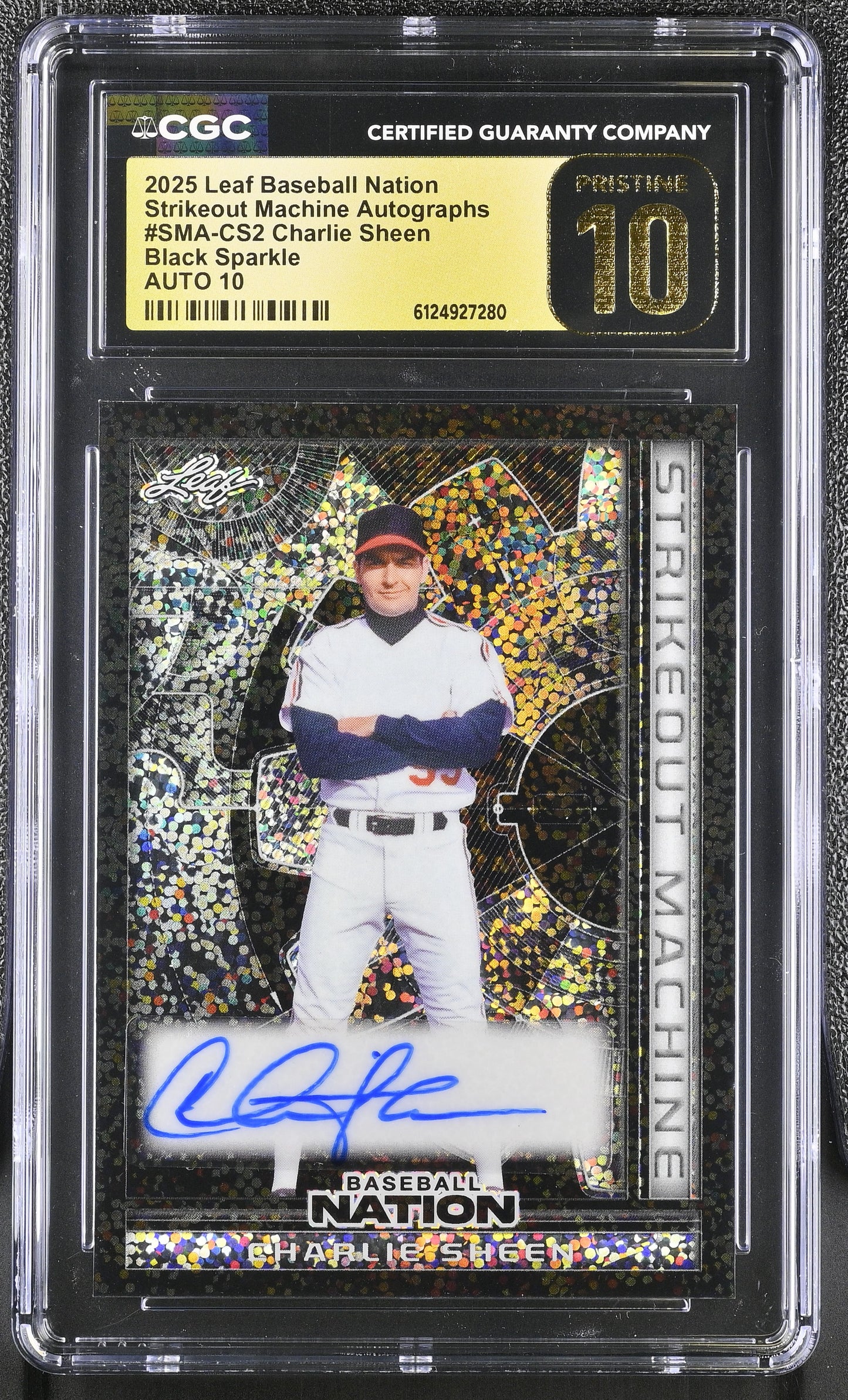 Charlie Sheen 2025 Leaf Baseball Nation Strikeout Machine Autographs – Black Sparkle SMA CS2 – CGC 10 Pristine Black Label – 1/1