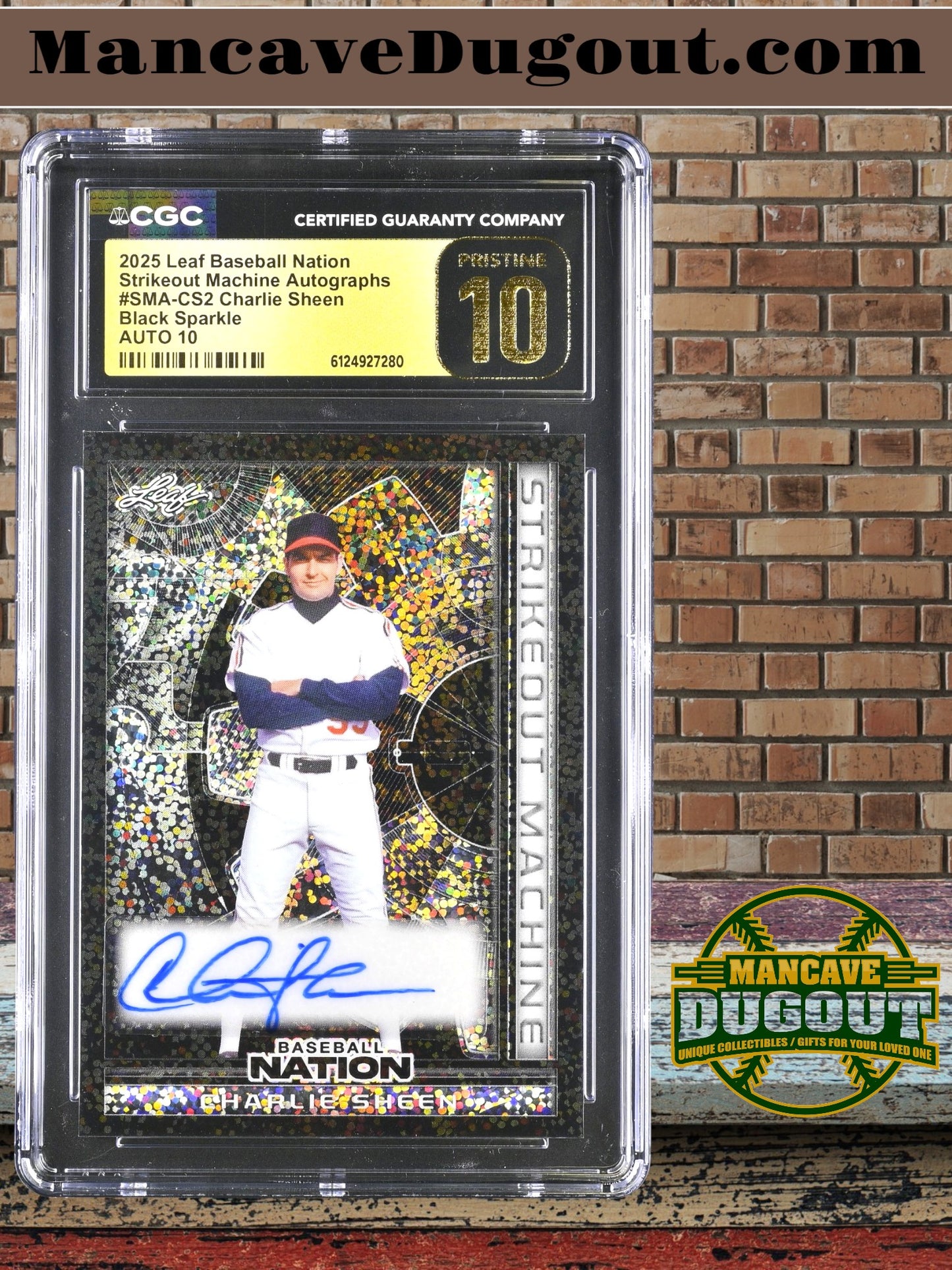 Charlie Sheen 2025 Leaf Baseball Nation Strikeout Machine Autographs – Black Sparkle SMA CS2 – CGC 10 Pristine Black Label – 1/1
