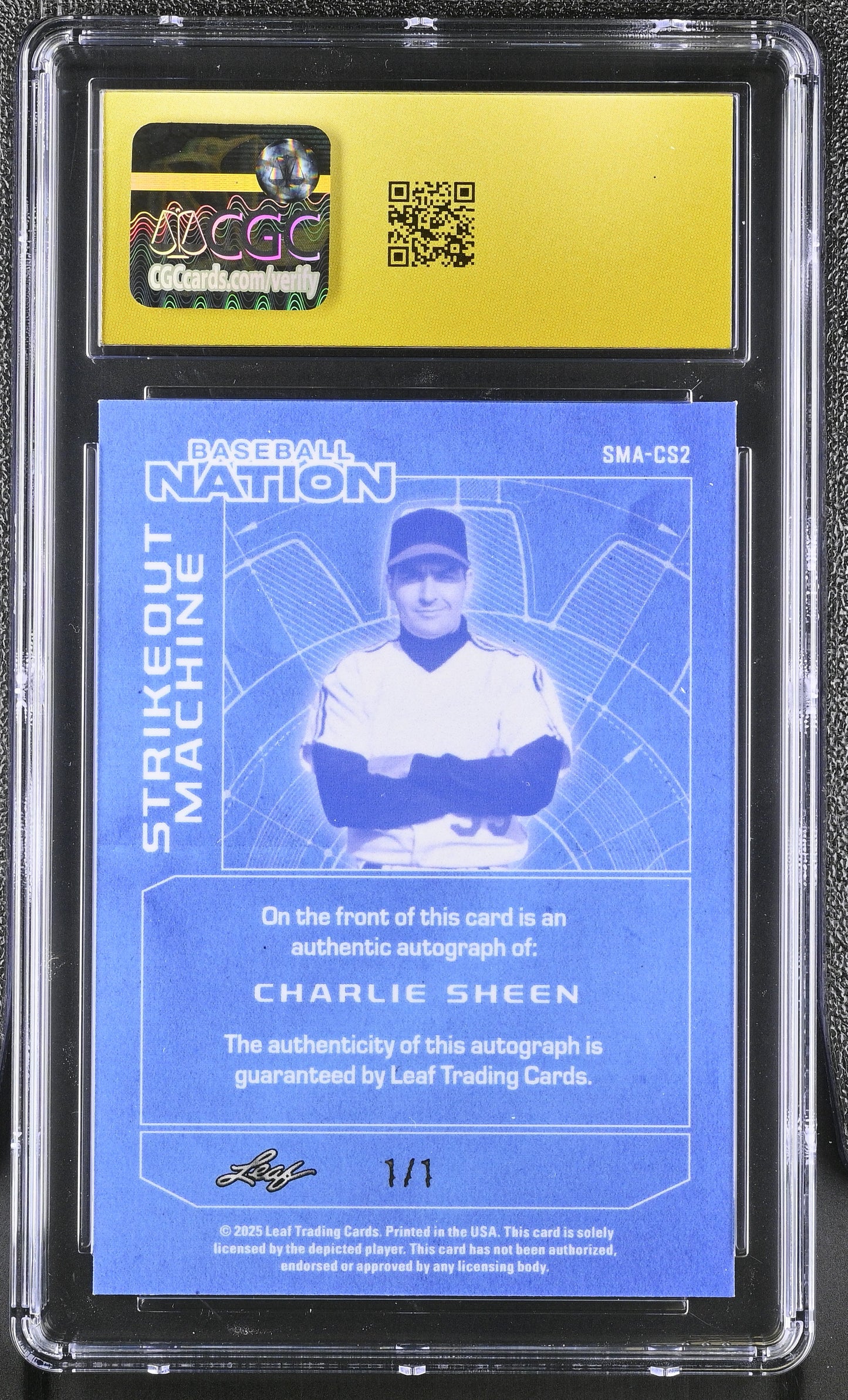 Charlie Sheen 2025 Leaf Baseball Nation Strikeout Machine Autographs – Black Sparkle SMA CS2 – CGC 10 Pristine Black Label – 1/1