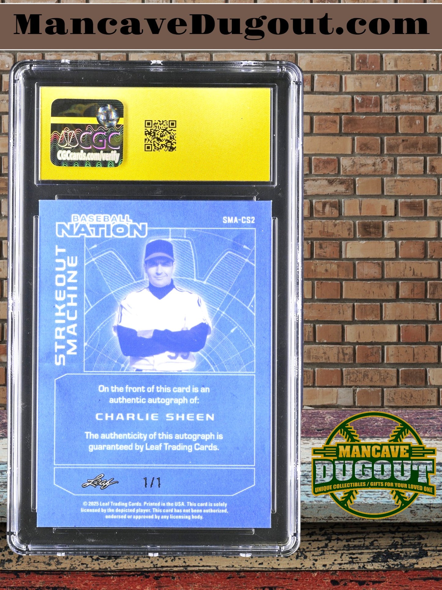 Charlie Sheen 2025 Leaf Baseball Nation Strikeout Machine Autographs – Black Sparkle SMA CS2 – CGC 10 Pristine Black Label – 1/1