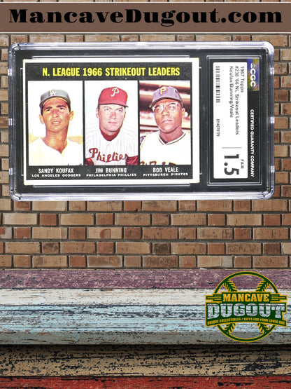 1967 Topps — ’66 NL Strikeout Leaders - Sandy Koufax • Jim Bunning • Bob Veale - Card #238 — CGC 1.5