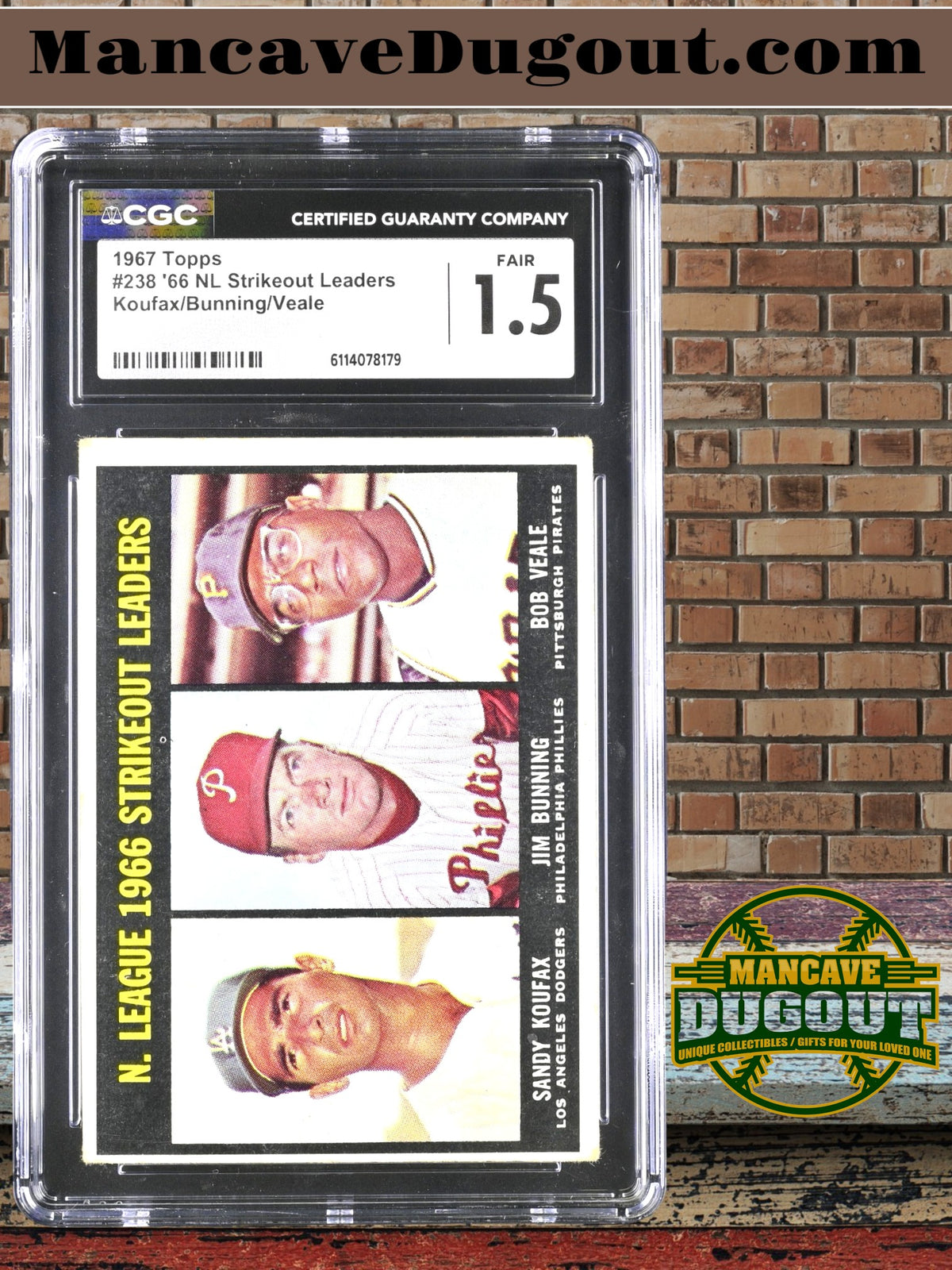 1967 Topps — ’66 NL Strikeout Leaders - Sandy Koufax • Jim Bunning • Bob Veale - Card #238 — CGC 1.5