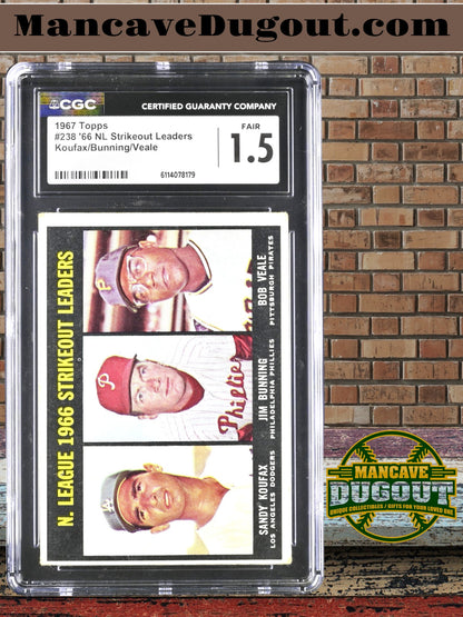 1967 Topps — ’66 NL Strikeout Leaders - Sandy Koufax • Jim Bunning • Bob Veale - Card #238 — CGC 1.5