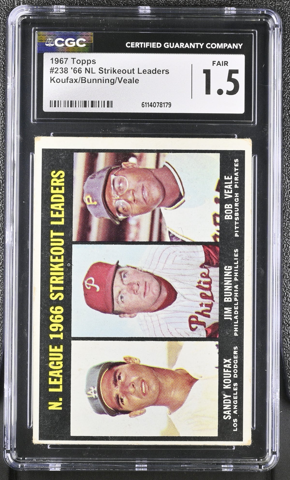 1967 Topps — ’66 NL Strikeout Leaders - Sandy Koufax • Jim Bunning • Bob Veale - Card #238 — CGC 1.5
