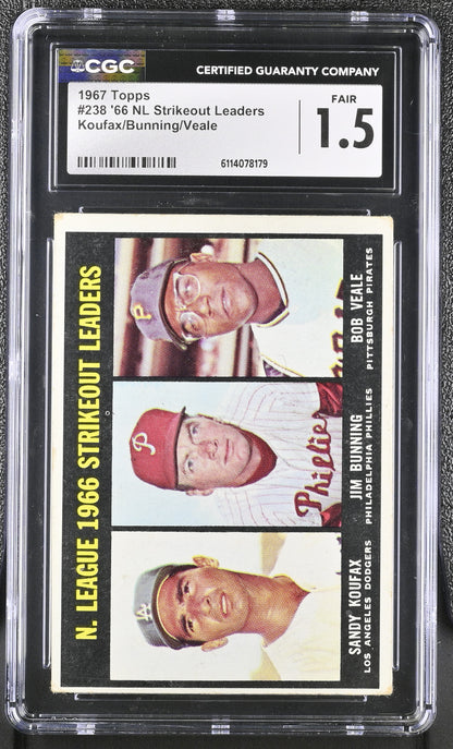 1967 Topps — ’66 NL Strikeout Leaders - Sandy Koufax • Jim Bunning • Bob Veale - Card #238 — CGC 1.5