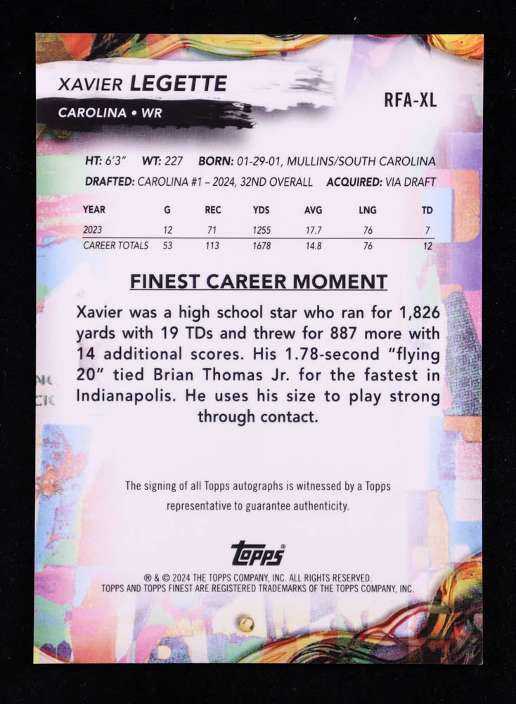 Xavier Legette — 2024 Topps Finest Football - Rookie Autographs — Gold Refractor #RFAXL - Serial Numbered 08/50 • Rookie Card (RC)