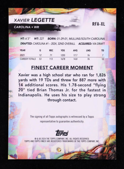 Xavier Legette — 2024 Topps Finest Football - Rookie Autographs — Gold Refractor #RFAXL - Serial Numbered 08/50 • Rookie Card (RC)