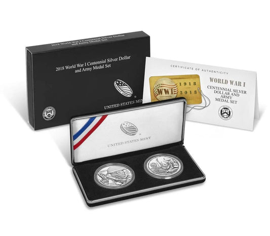 2018 World War I Centennial Silver Dollar & *ARMY* Medal WWI 2 Coin Set Box COA