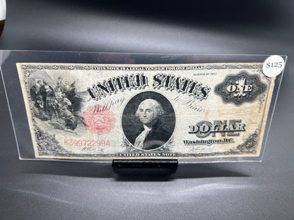 1917 $1 ONE DOLLAR UNITED STATES LEGAL TENDER NOTE SEAL RED LARGE PAPER MONEY