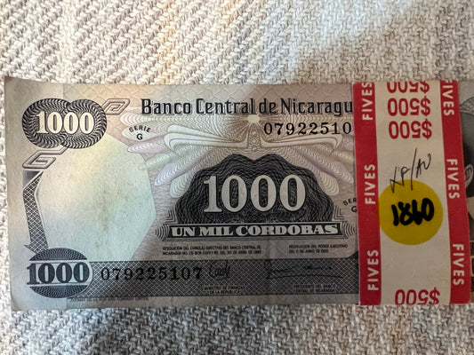 Nicaragua 1000 Cordobas 1985(1987) AUNC Banknote P-145 Serie G - 50 Crisp Notes