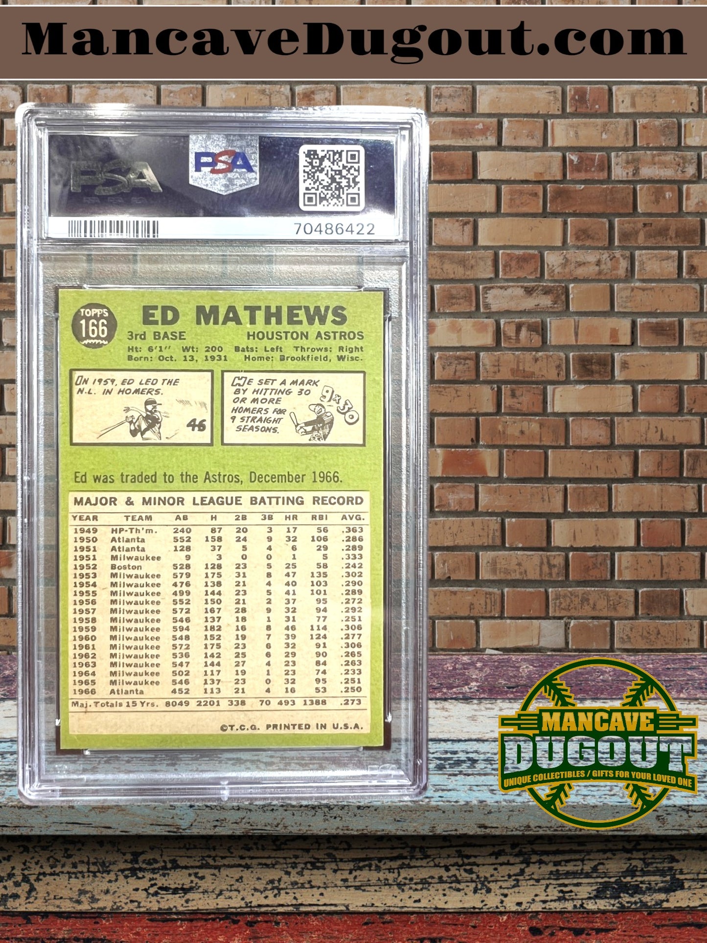 1967 Topps #166 Eddie Mathews – Houston Astros – PSA 8