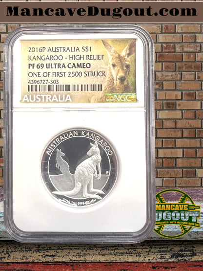 2016 P Australia S$1 Kangaroo-High Relief • NGC PF69 Ultra Cameo-“One of First 2500” – Early Release Designation