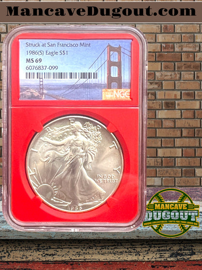 1986 S American Silver Eagle — NGC MS69 - 1 oz .999 Fine Silver — San Francisco Mint — Red NGC Core Holder
