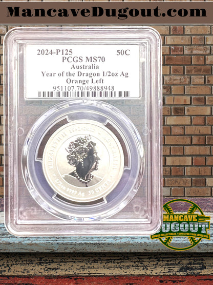 2024 P125 Australia Year of the Dragon — PCGS MS70 - Half Ounce Silver • Orange Left Variant • Perth Mint Lunar Series III