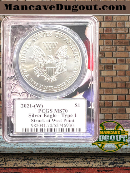 2021 W American Silver Eagle — PCGS MS70 Type 1 • West Point Mint • Final Heraldic Eagle Reverse