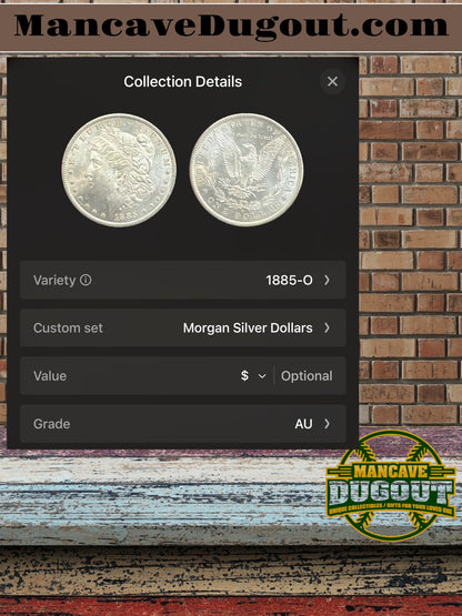 1885 O Morgan Silver Dollar – AU – Computer Graded – Custom Mancave Holder