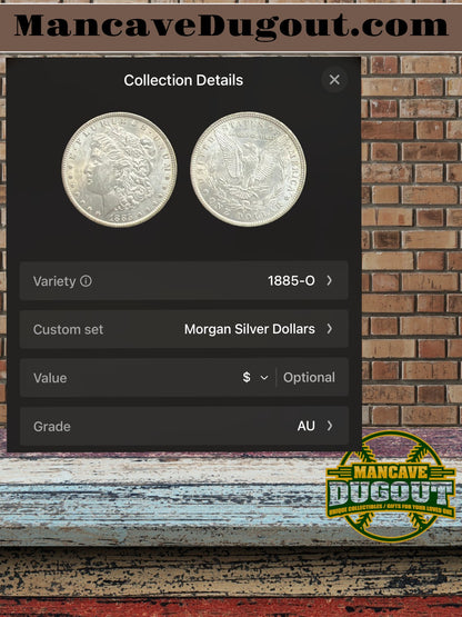 1885 O Morgan Silver Dollar – AU – Computer Graded – Custom Mancave Holder