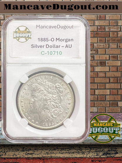 1885 O Morgan Silver Dollar – AU – Computer Graded – Custom Mancave Holder