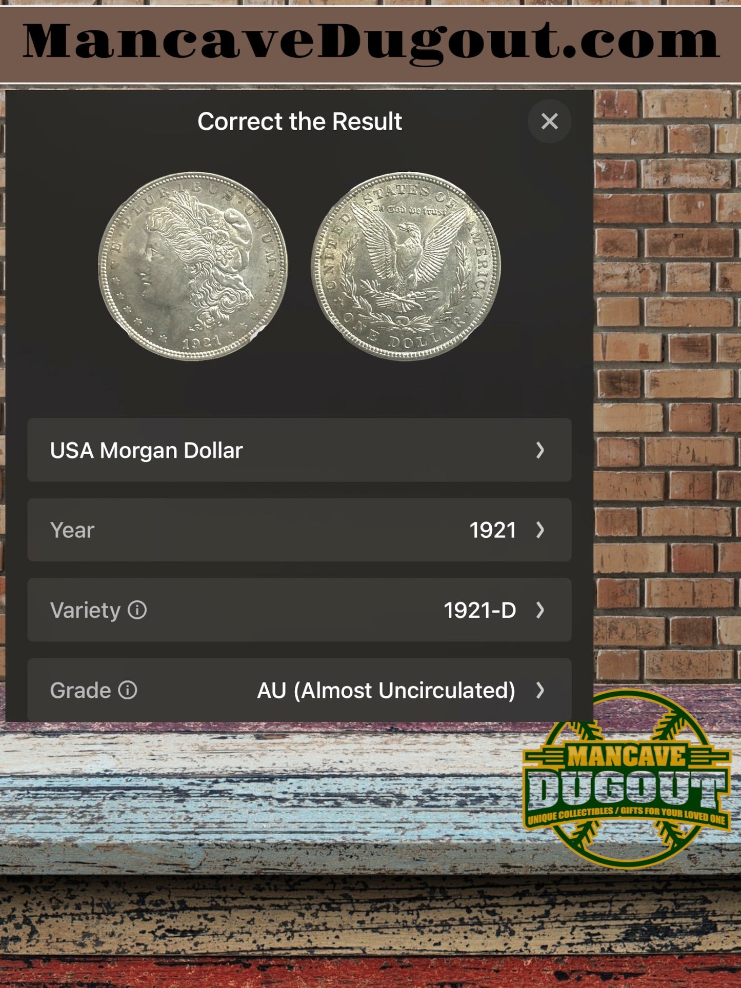 1921 D Morgan Silver Dollar – AU – Computer Graded – Custom Mancave Holder