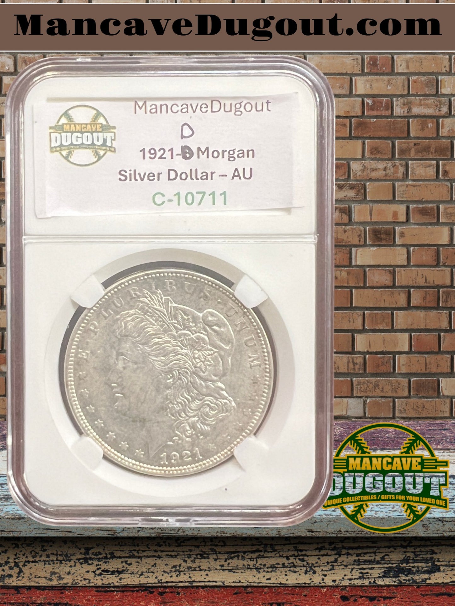 1921 D Morgan Silver Dollar – AU – Computer Graded – Custom Mancave Holder
