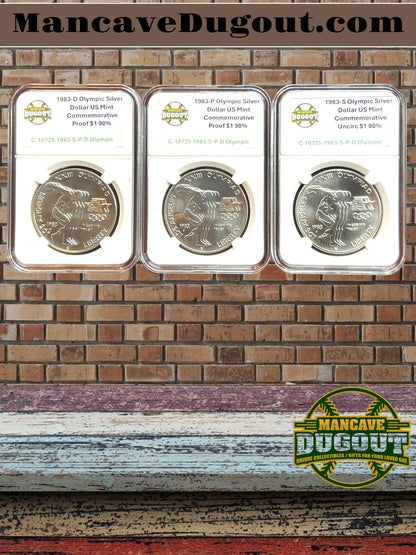 1983 Olympic Silver Dollar – Complete 3 Coin Set (P D S) – AU-58 – Computer Graded