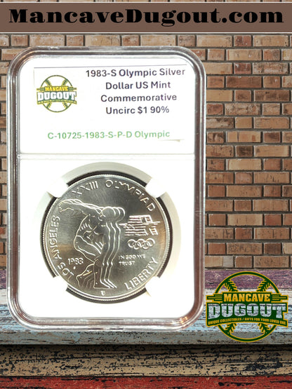 1983 Olympic Silver Dollar – Complete 3 Coin Set (P D S) – AU-58 – Computer Graded
