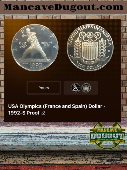 1992 S Olympic Baseball Commemorative Silver Dollar – Proof Cameo San Francisco Mint • 90% Silver